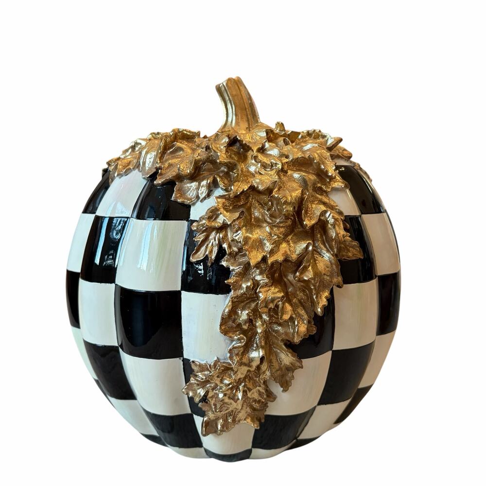 NEW MacKenzie Childs Courtly Check Gold Foliage Pumpkin 11.5" H in Original Box - Picture 4 of 16